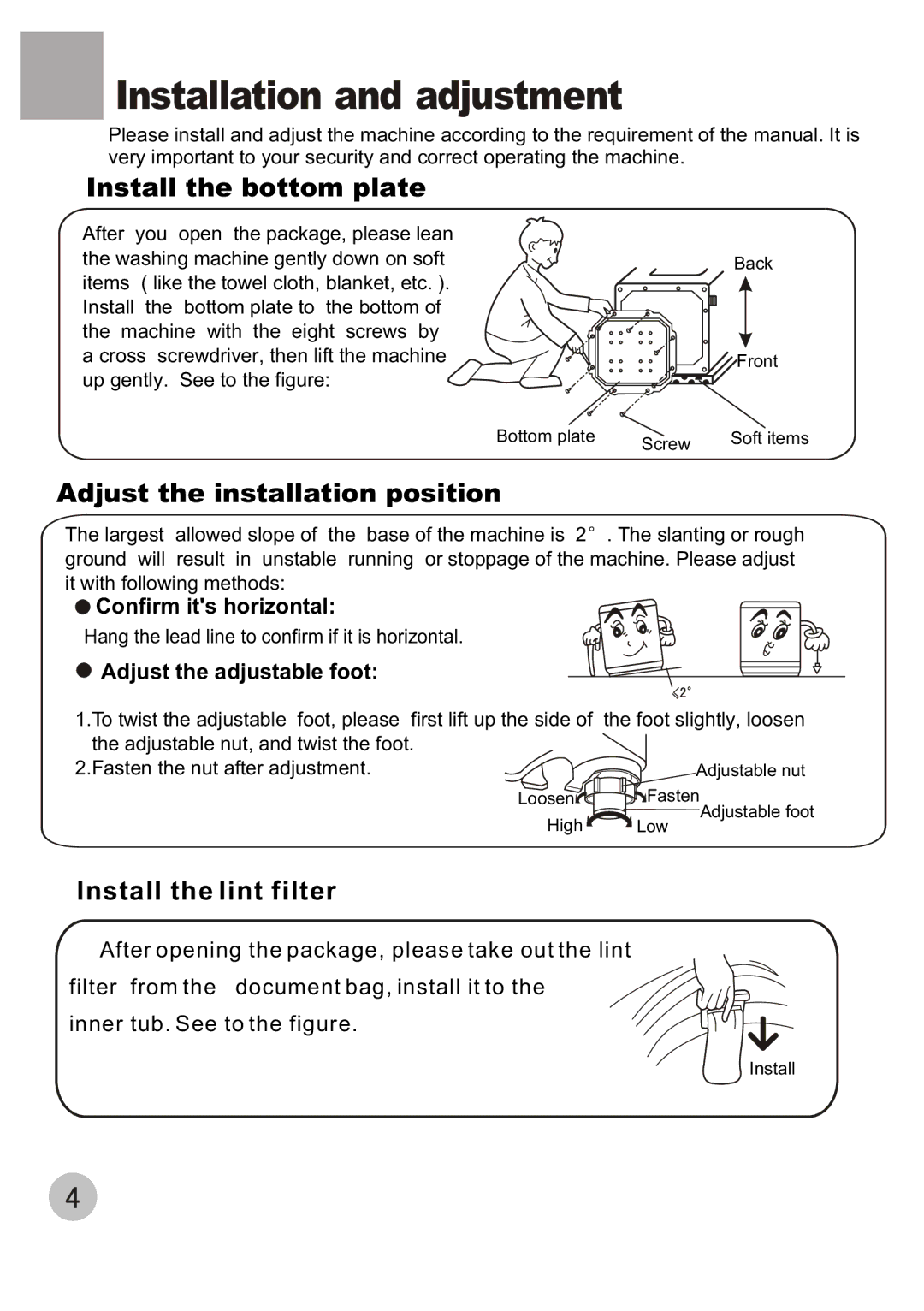 Haier XQB50-68 user manual Installation and adjustment, Install the bottom plate, Adjust the installation position 