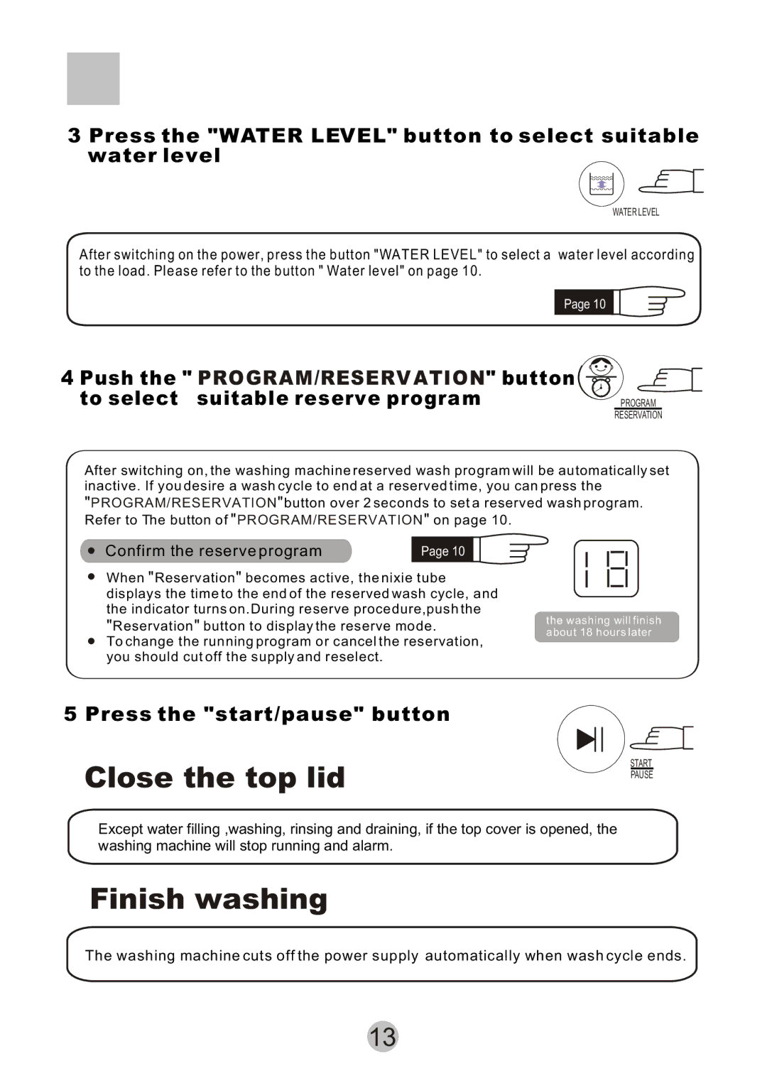 Haier XQB55-10 user manual Close the top lid, Finish washing, Press the Water Level button to select suitable water level 