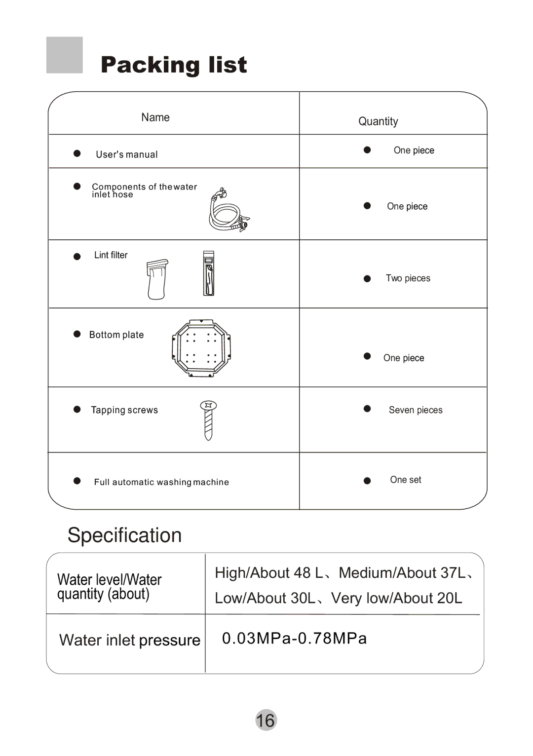 Haier XQB55-10 user manual Packing list, Specification 