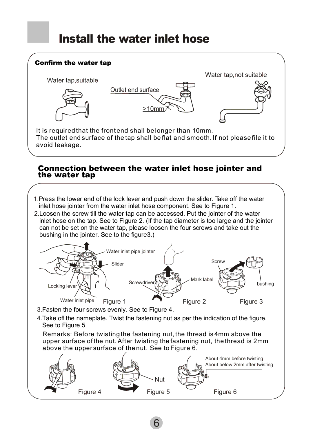 Haier XQB55-10 user manual Install the water inlet hose, Confirm the water tap 