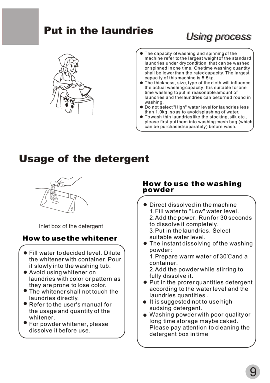 Haier XQB55-10H Put in the laundries, Usage of the detergent, How to use the whitener, How to use the washing powder 