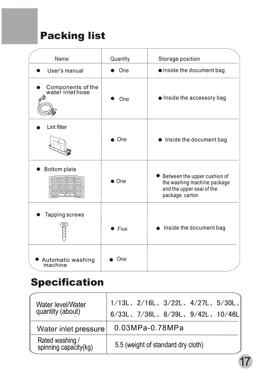 Haier XQB55-10H user manual Packing list, Specification 