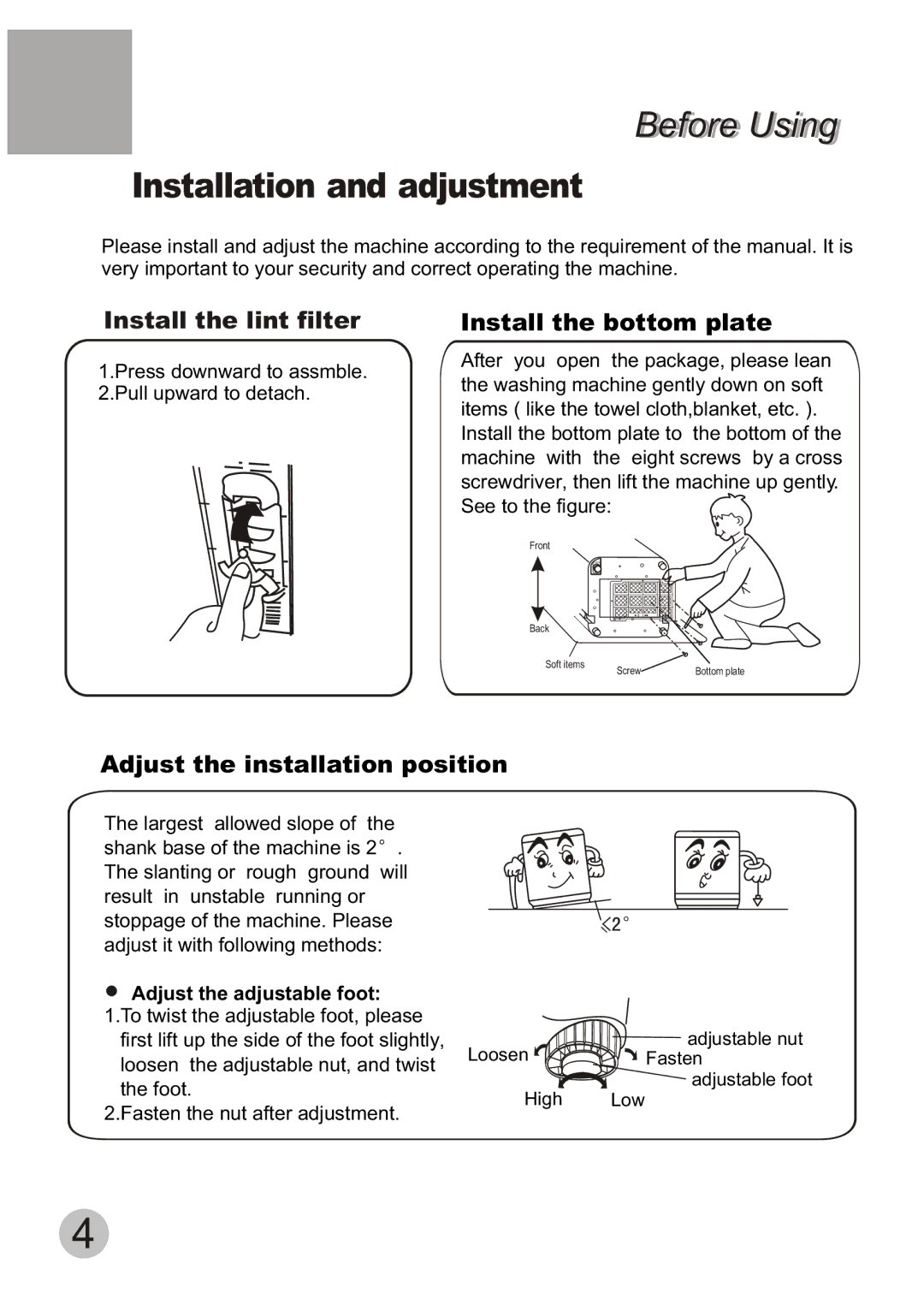 Haier XQB55-10H user manual Installation and adjustment, Install the bottom plate, Adjust the installation position 