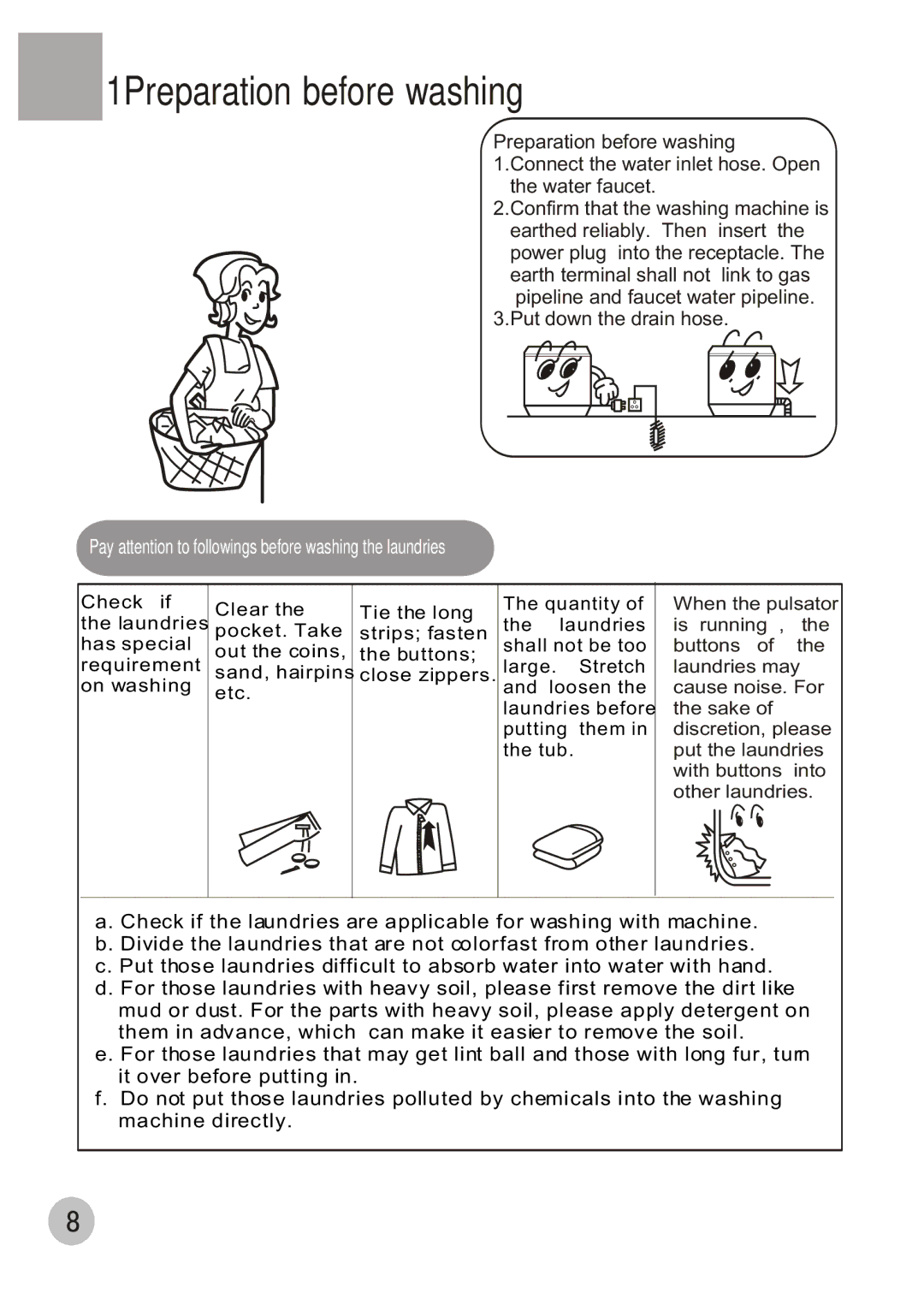 Haier XQB60-68 user manual 1Preparation before washing, Pay attention to followings before washing the laundries 