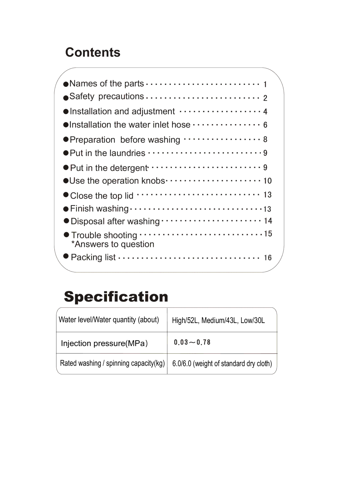 Haier XQB60-68 user manual Specification, Contents 