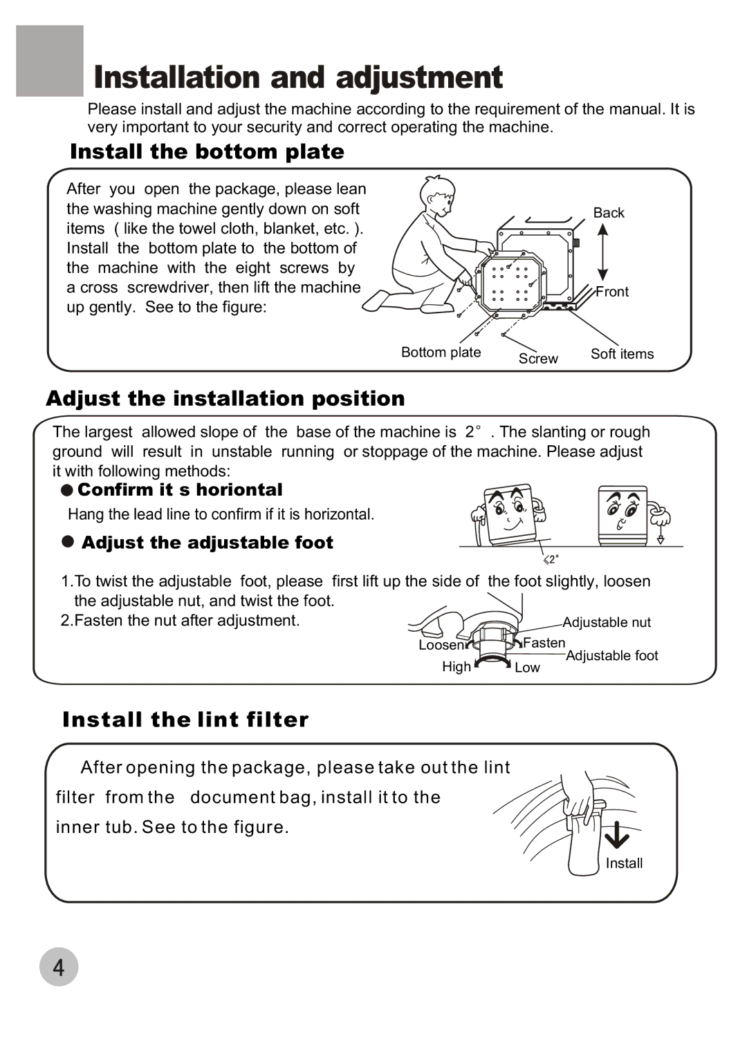 Haier XQB60-68 user manual Installation and adjustment, Install the bottom plate, Adjust the installation position 