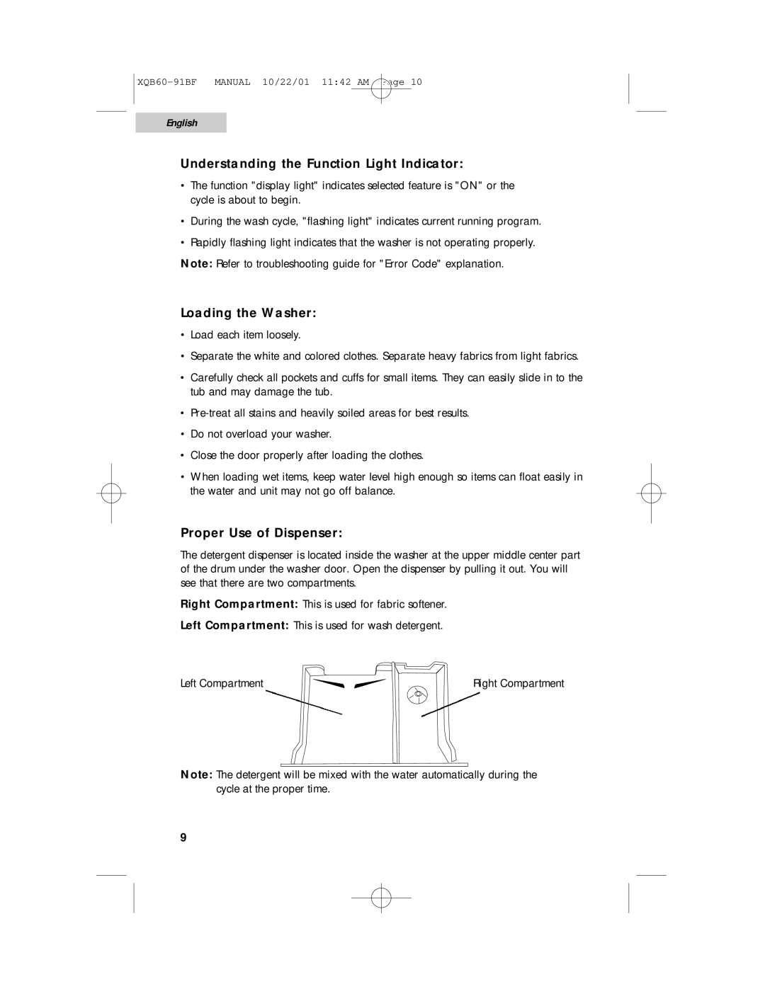 Haier XQB60-91BF user manual Understanding the Function Light Indicator, Loading the Washer, Proper Use of Dispenser 