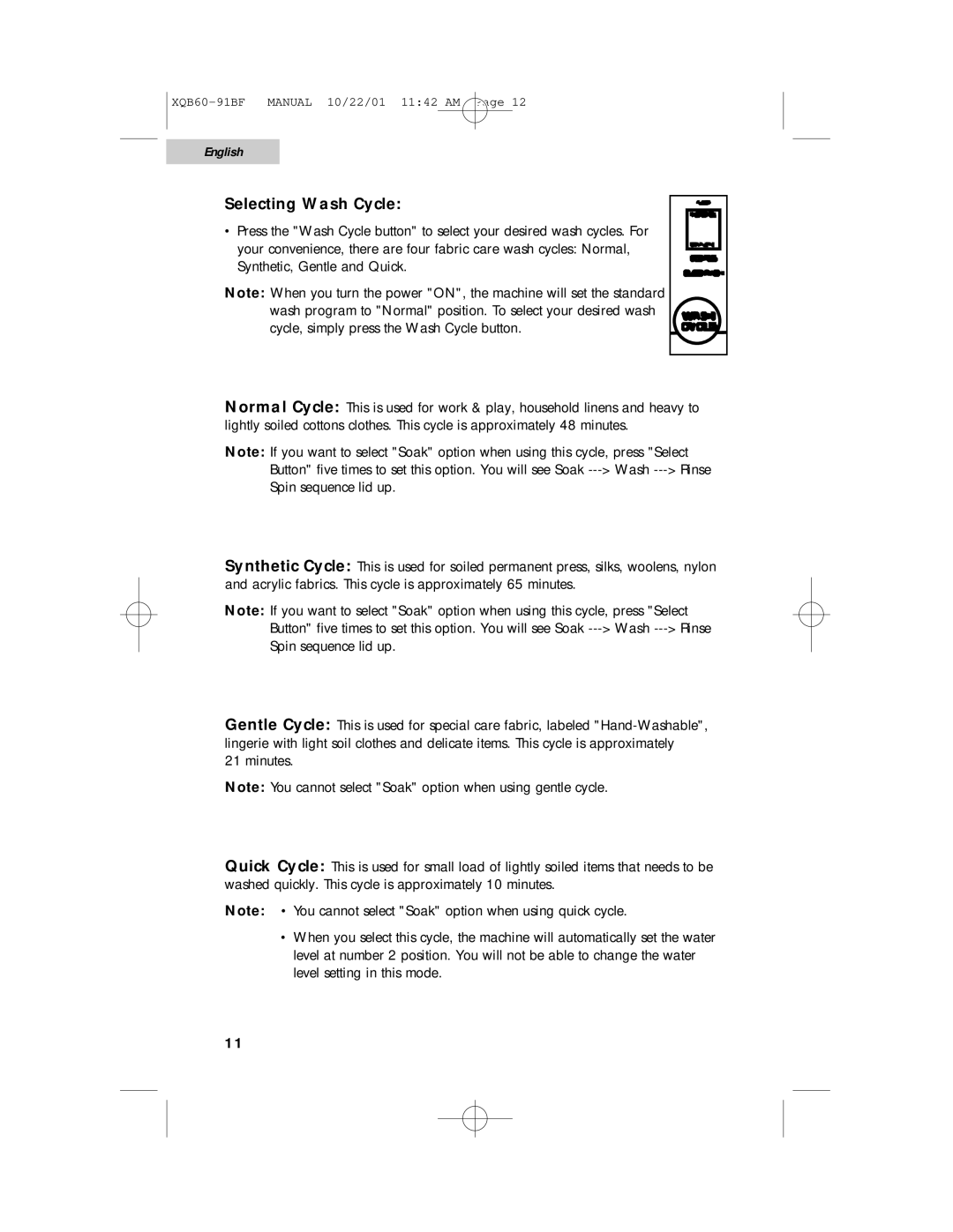 Haier XQB60-91BF user manual Selecting Wash Cycle 