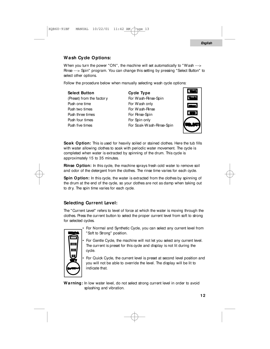 Haier XQB60-91BF user manual Wash Cycle Options, Selecting Current Level, Select Button Cycle Type 