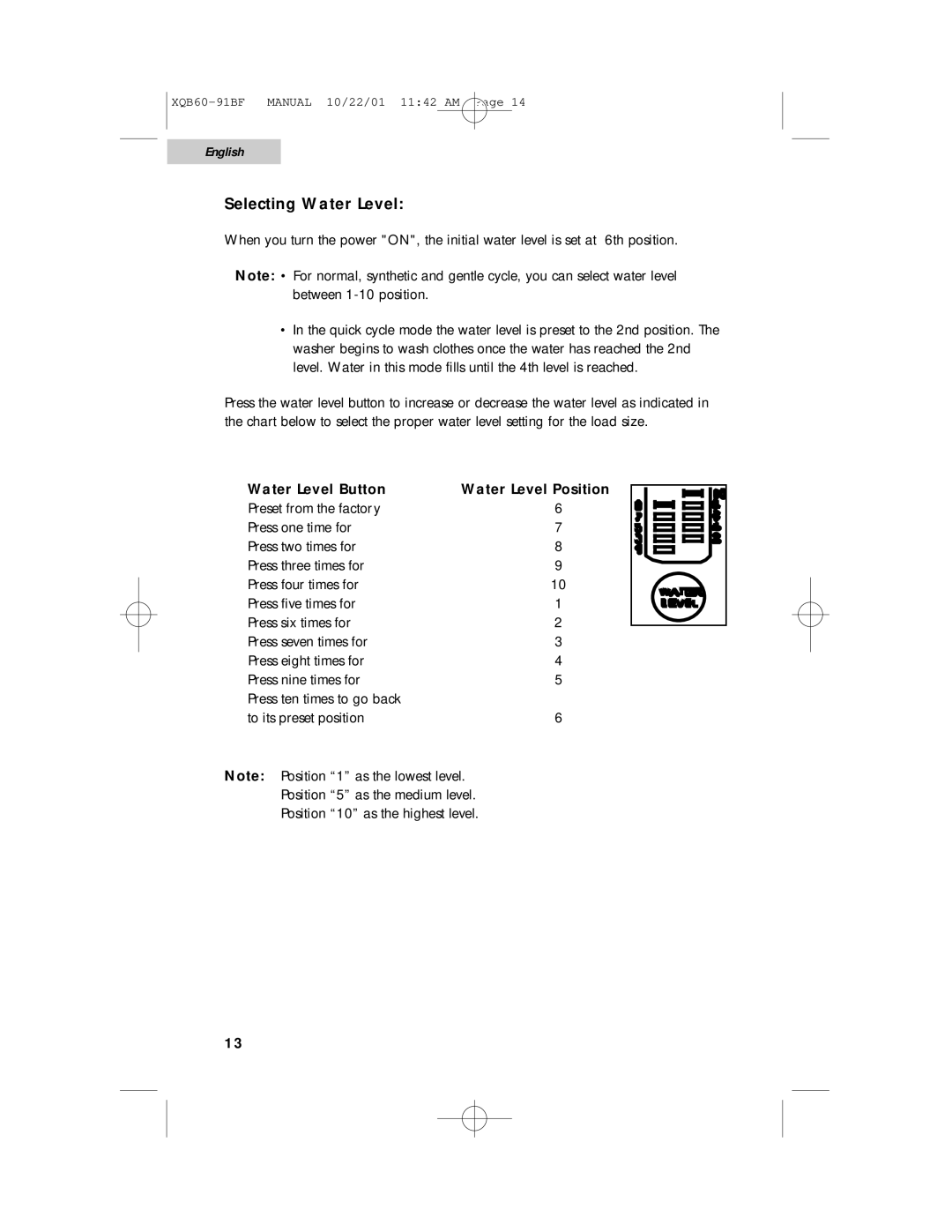 Haier XQB60-91BF user manual Selecting Water Level, Water Level Button Water Level Position 