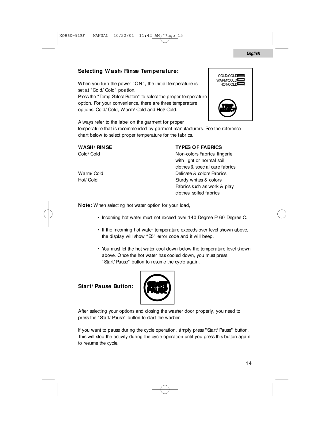 Haier XQB60-91BF user manual Selecting Wash/Rinse Temperature, WASH/RINSE Types of Fabrics 