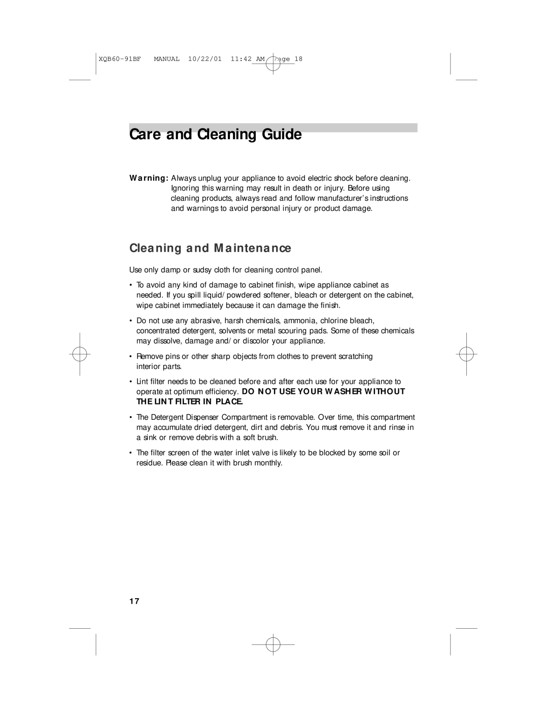 Haier XQB60-91BF user manual Care and Cleaning Guide, Cleaning and Maintenance 