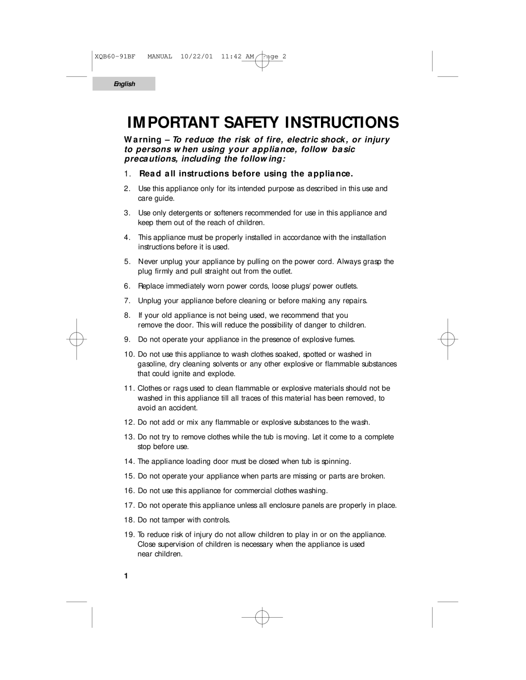 Haier XQB60-91BF user manual Important Safety Instructions, Read all instructions before using the appliance 