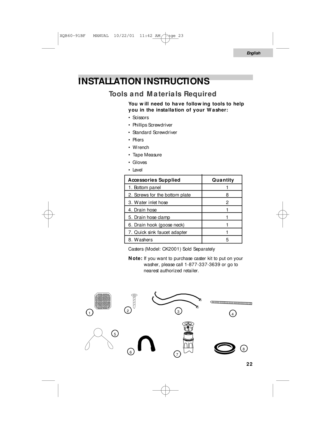 Haier XQB60-91BF user manual Tools and Materials Required, Accessories Supplied Quantity 