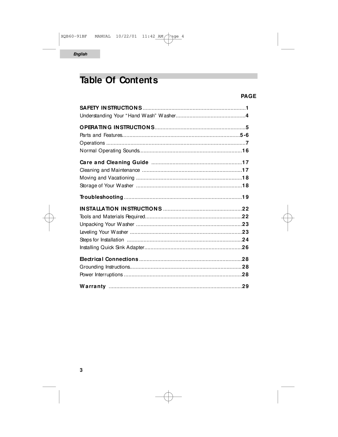 Haier XQB60-91BF user manual Table Of Contents 