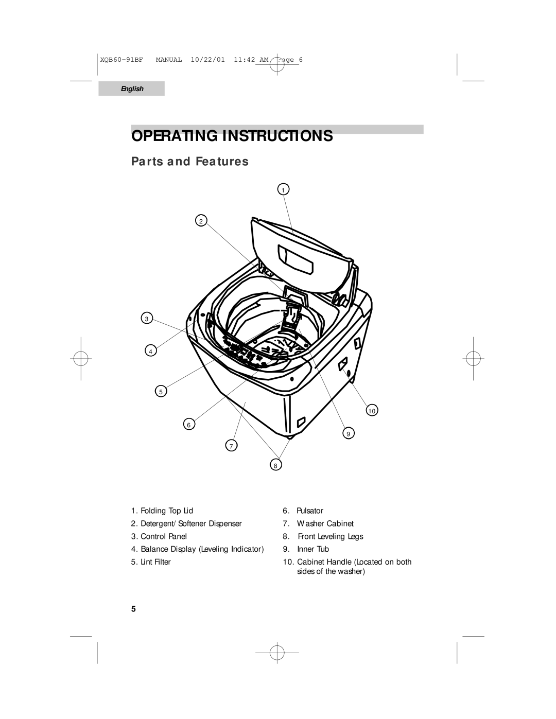 Haier XQB60-91BF user manual Operating Instructions, Parts and Features 