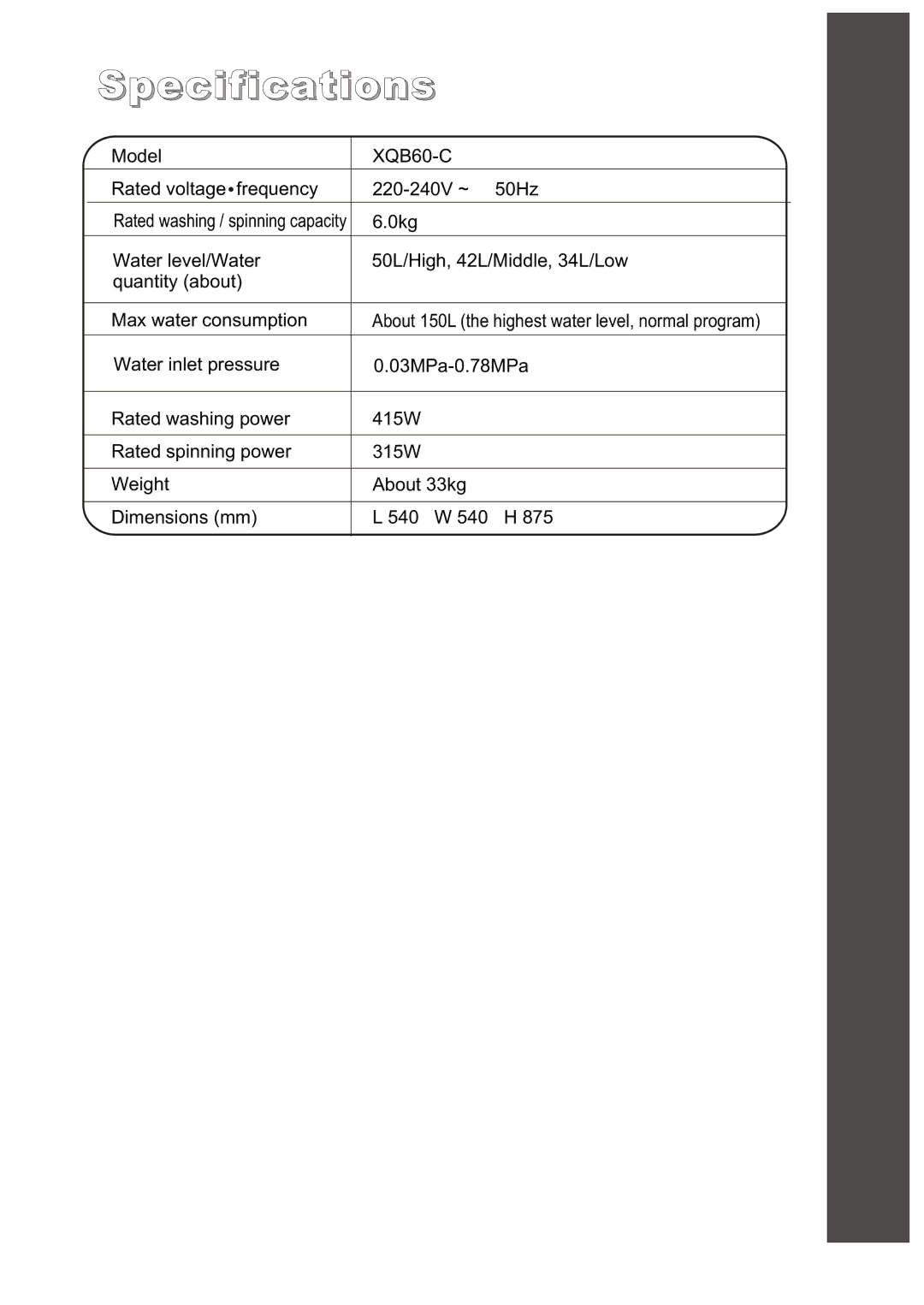 Haier XQB60-C user manual Specifications 