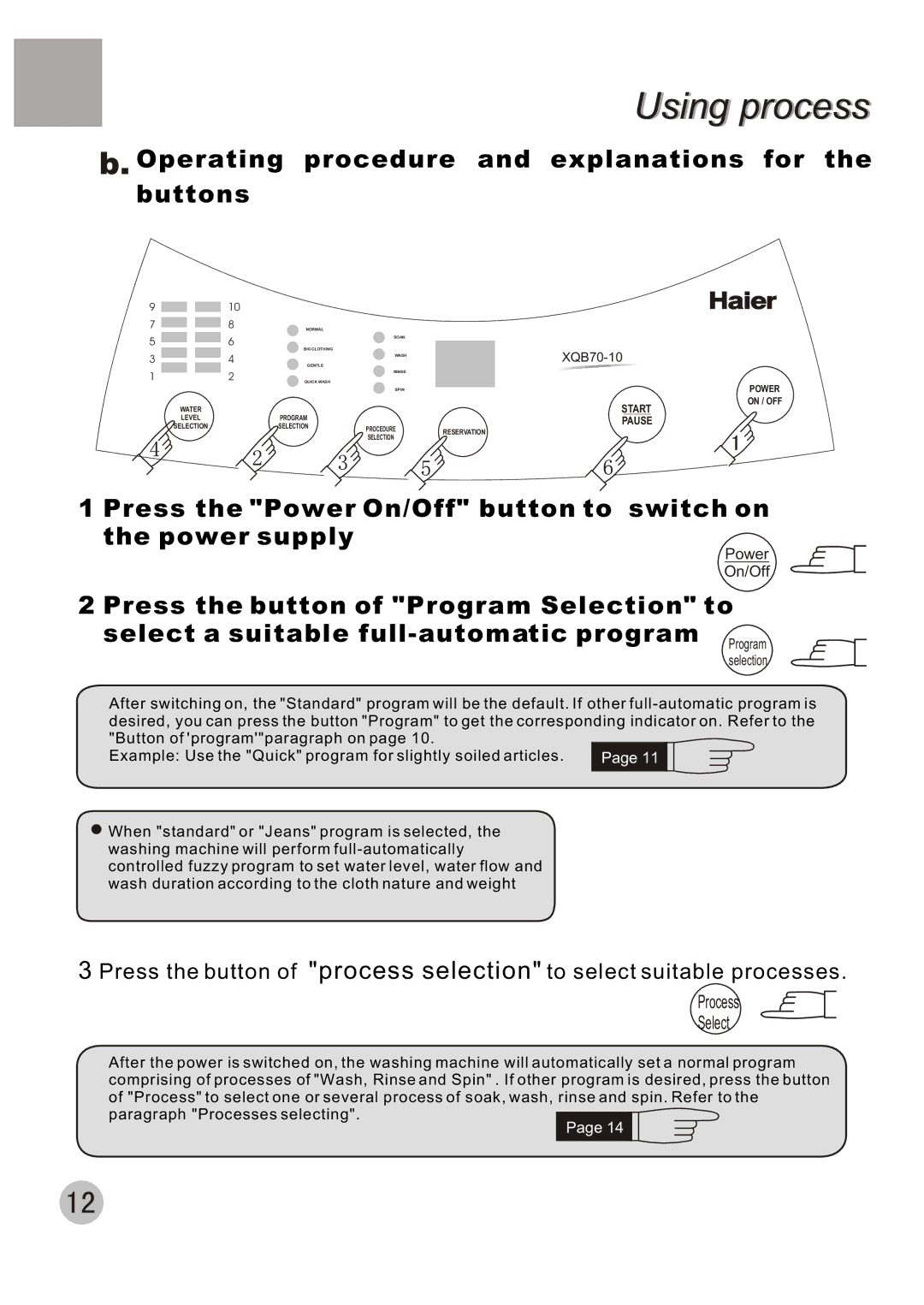 Haier XQB70-10 user manual Operating procedure and explanations for the buttons 