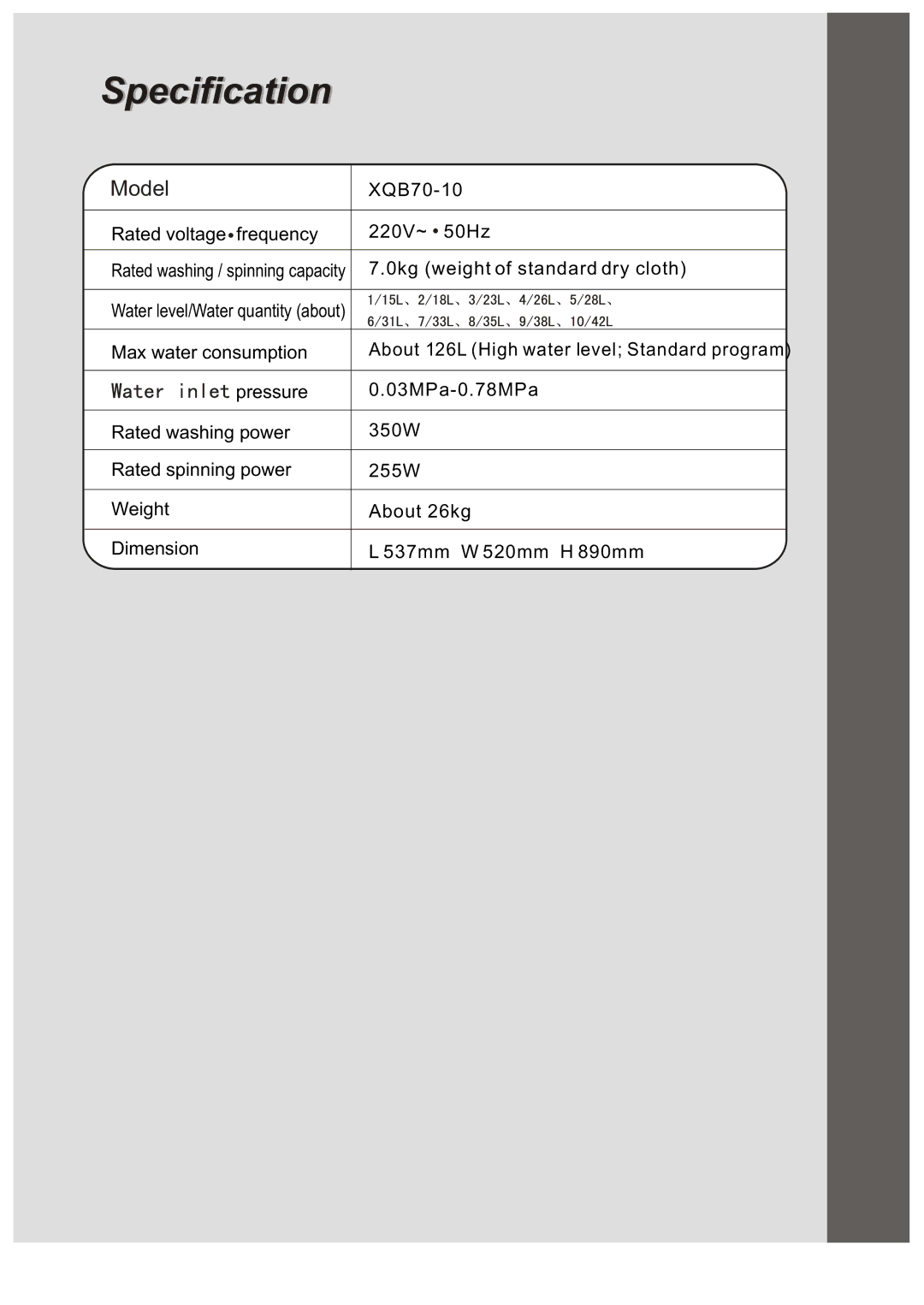 Haier XQB70-10 user manual Specification 