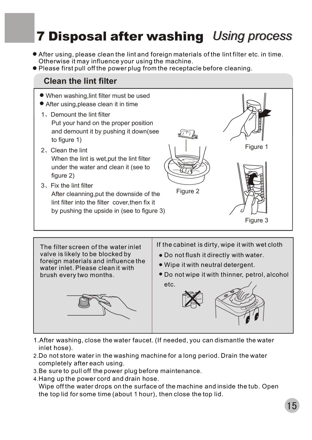 Haier XQBM30-22 user manual Disposal after washing Using process, Clean the lint filter 