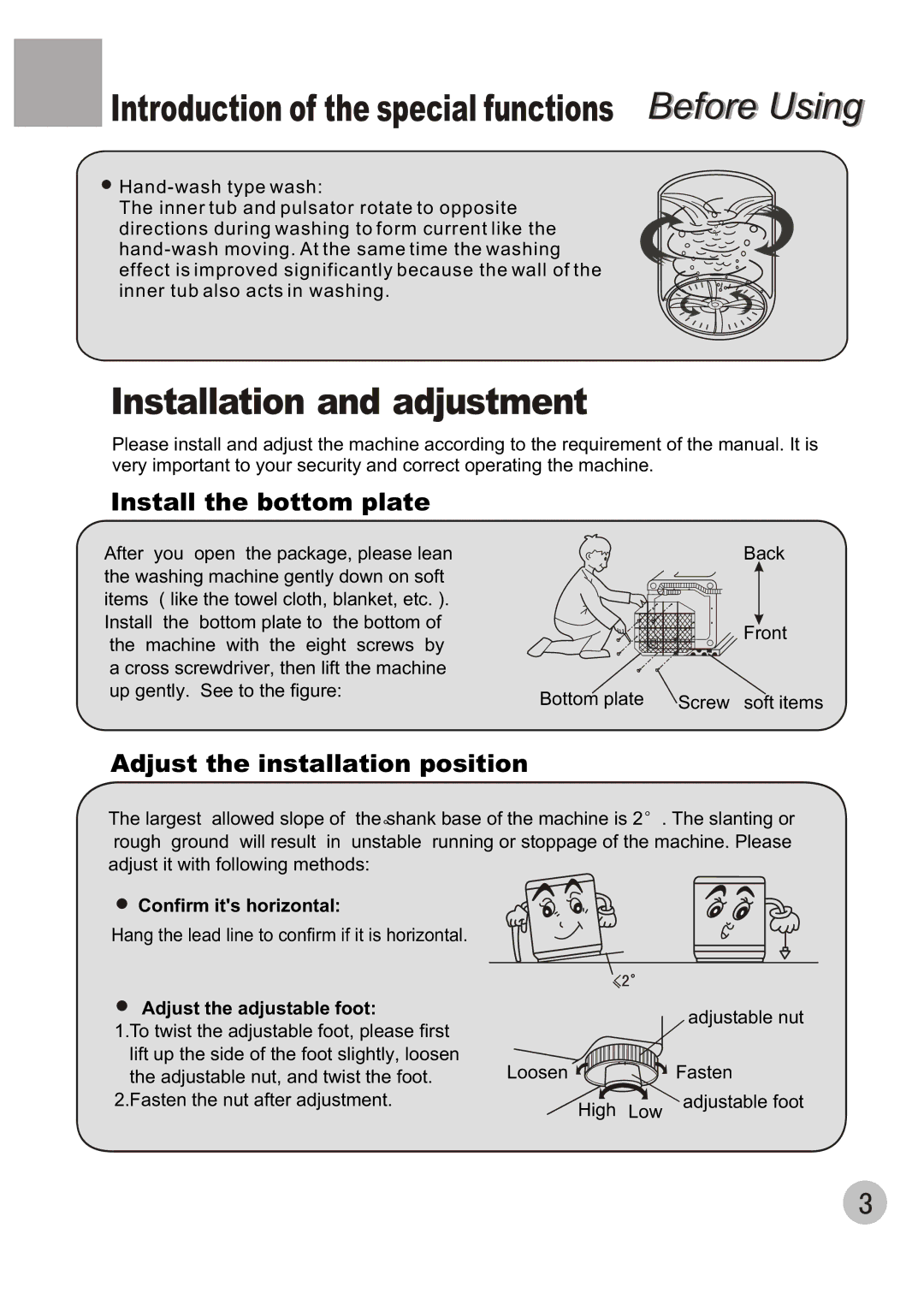 Haier XQBM30-22 user manual Installation and adjustment, Install the bottom plate, Adjust the installation position 