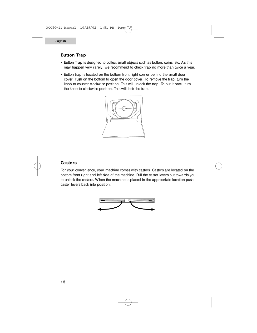 Haier XQG50-11 user manual Button Trap, Casters 