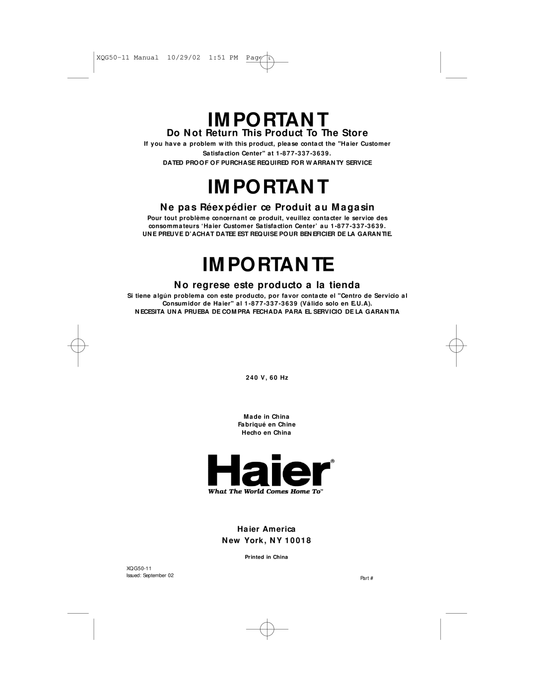 Haier XQG50-11 user manual Importante 