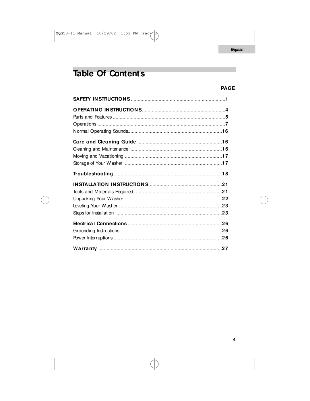 Haier XQG50-11 user manual Table Of Contents 