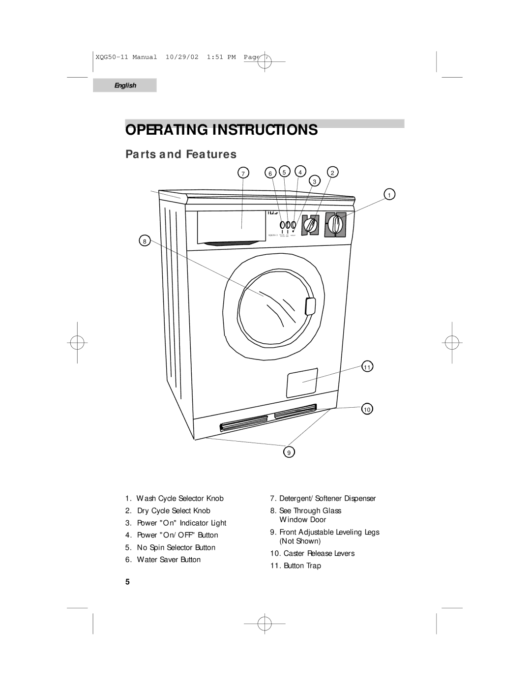 Haier XQG50-11 user manual Operating Instructions, Parts and Features 