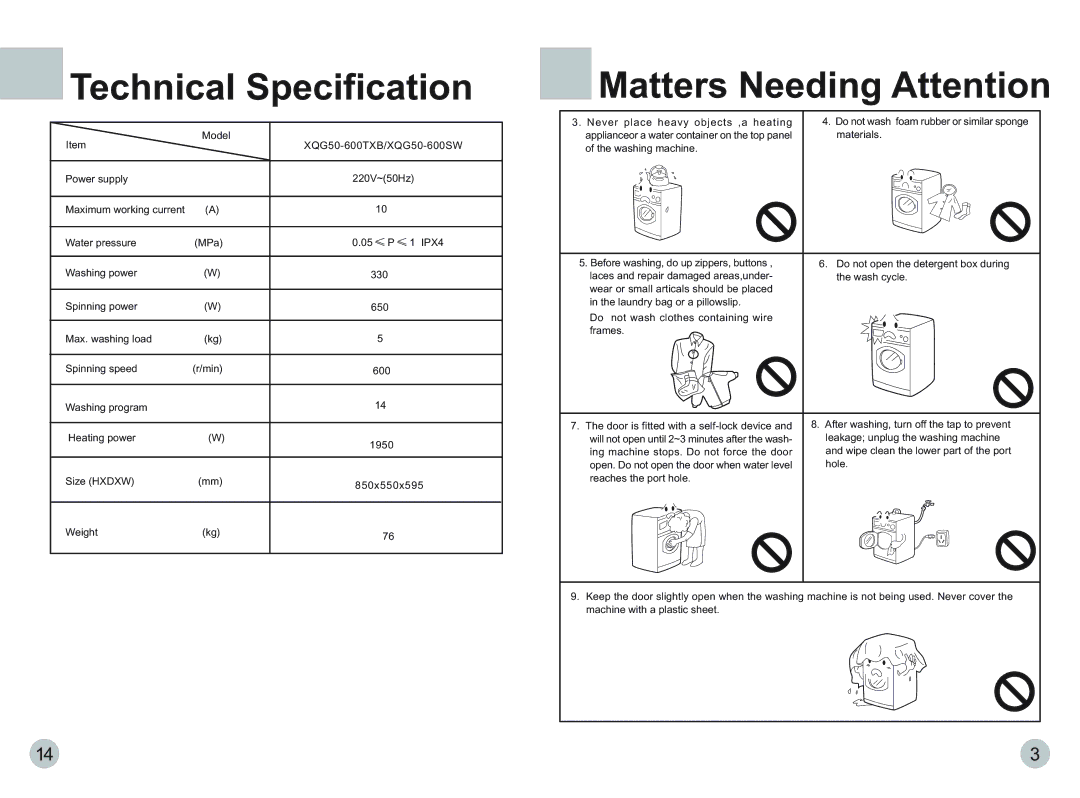 Haier XQG50-600TXB, XQG50-600SW operation manual Technical Specification 