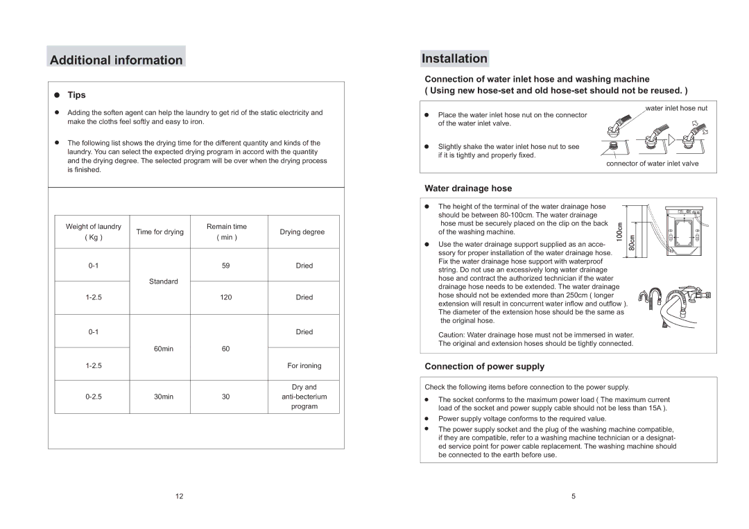 Haier XQG50-S1016 Additional information, Installation, Dried 60min For ironing, 30min Anti-becterium Program 