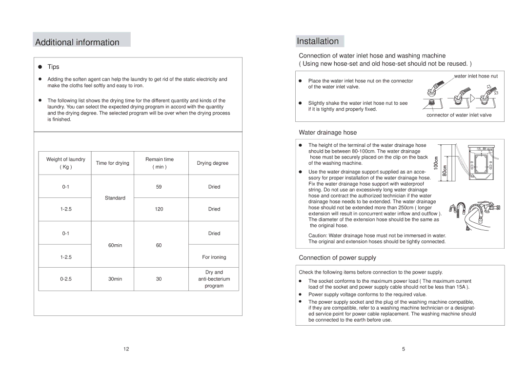 Haier XQG50-S1216 Additional information, Installation, Dried 60min For ironing, 30min Anti-becterium Program 