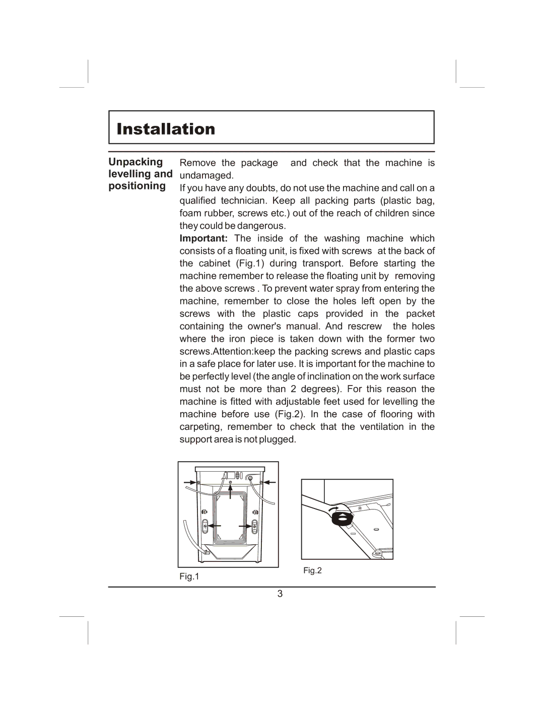 Haier XQG60-HA800TX(M), XQG60-HA1000TX(M) manual Installation, Unpacking levelling and positioning 