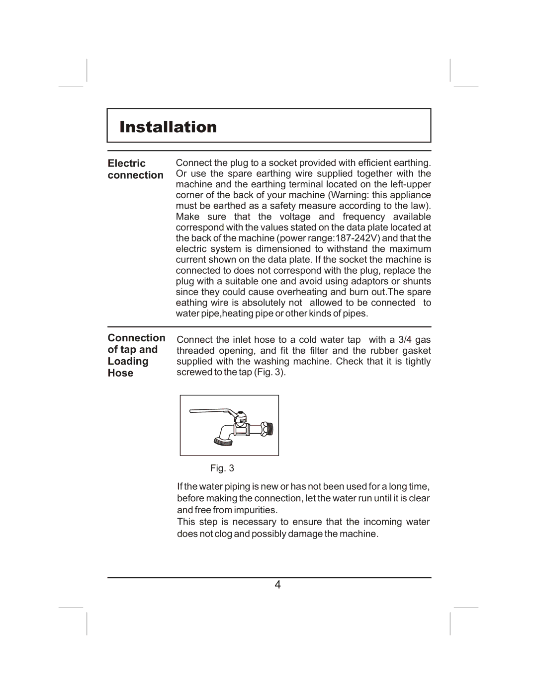 Haier XQG60-HA800TX(M), XQG60-HA1000TX(M) manual Electric connection, Connection of tap and Loading Hose 