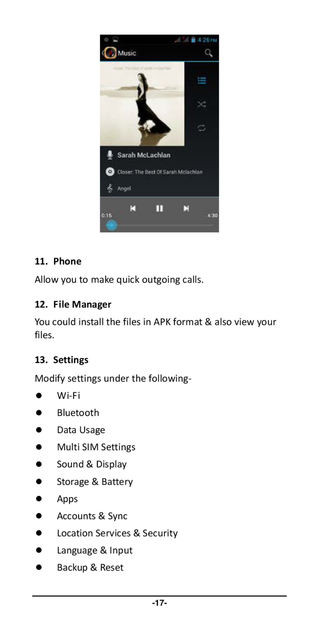 Haier Y-716 user manual Phone, File Manager, Settings 