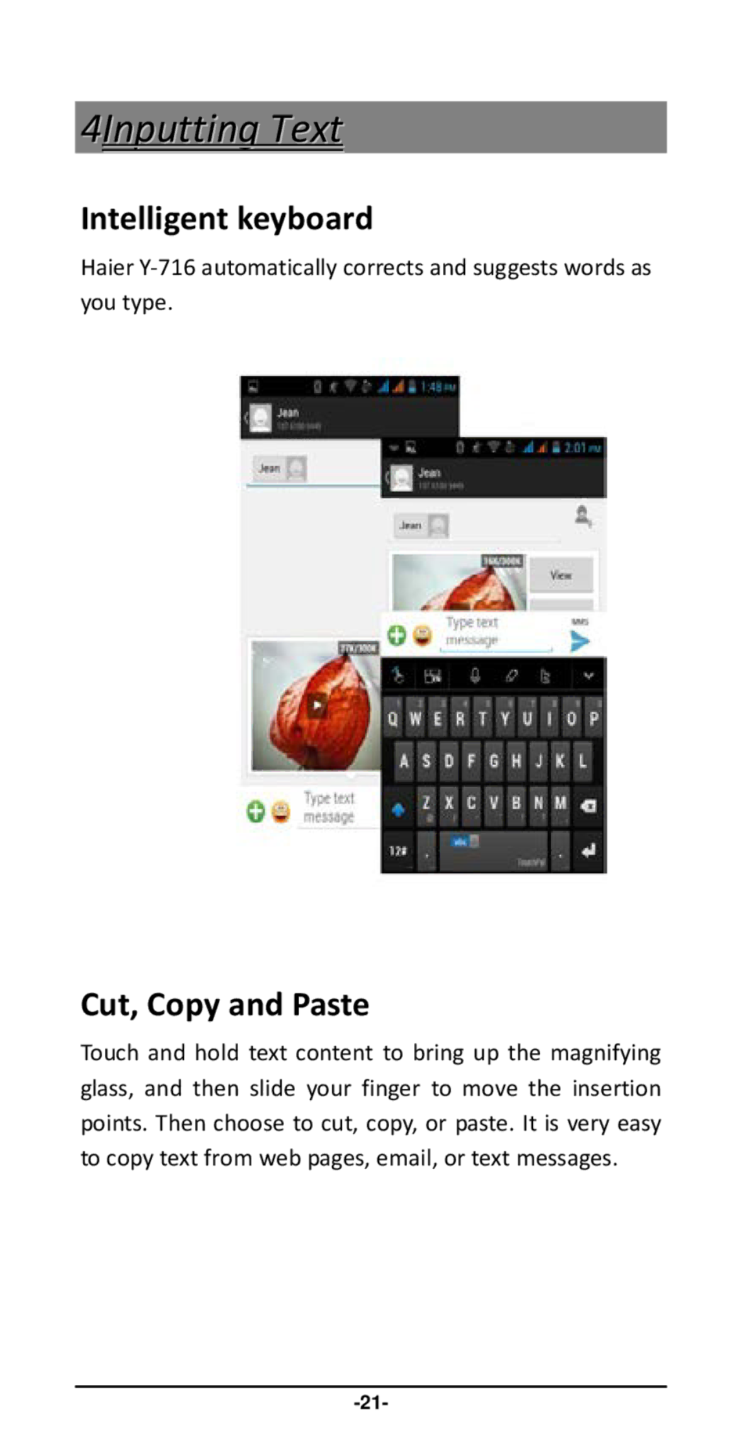Haier Y-716 user manual 4Inputting Text, Intelligent keyboard, Cut, Copy and Paste 