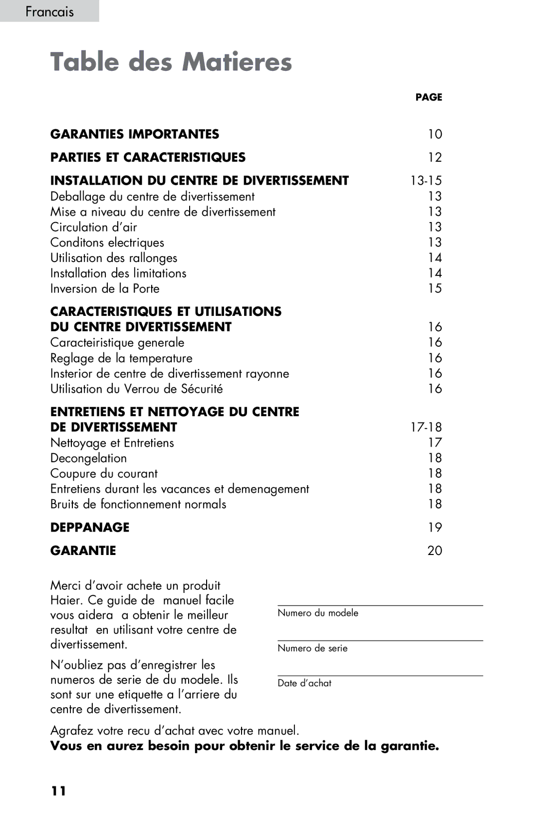 Haier ZHBCN05FVS user manual Table des Matieres 