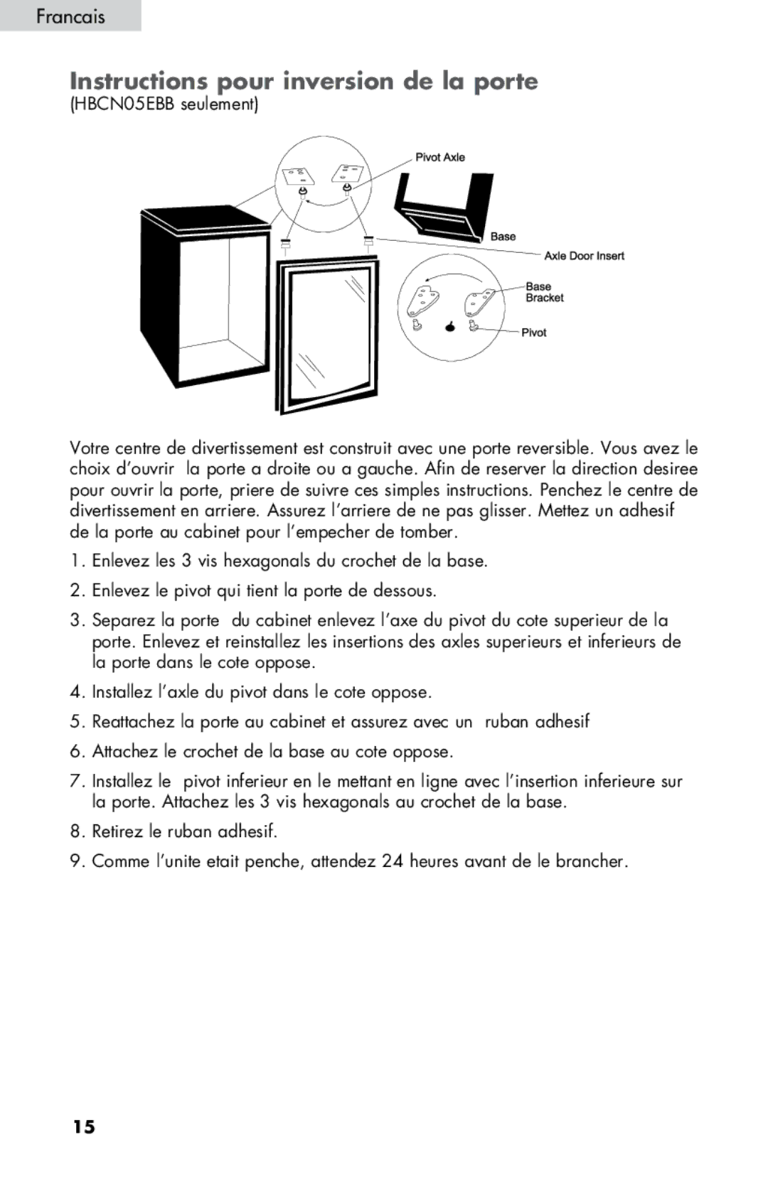 Haier ZHBCN05FVS user manual Instructions pour inversion de la porte 