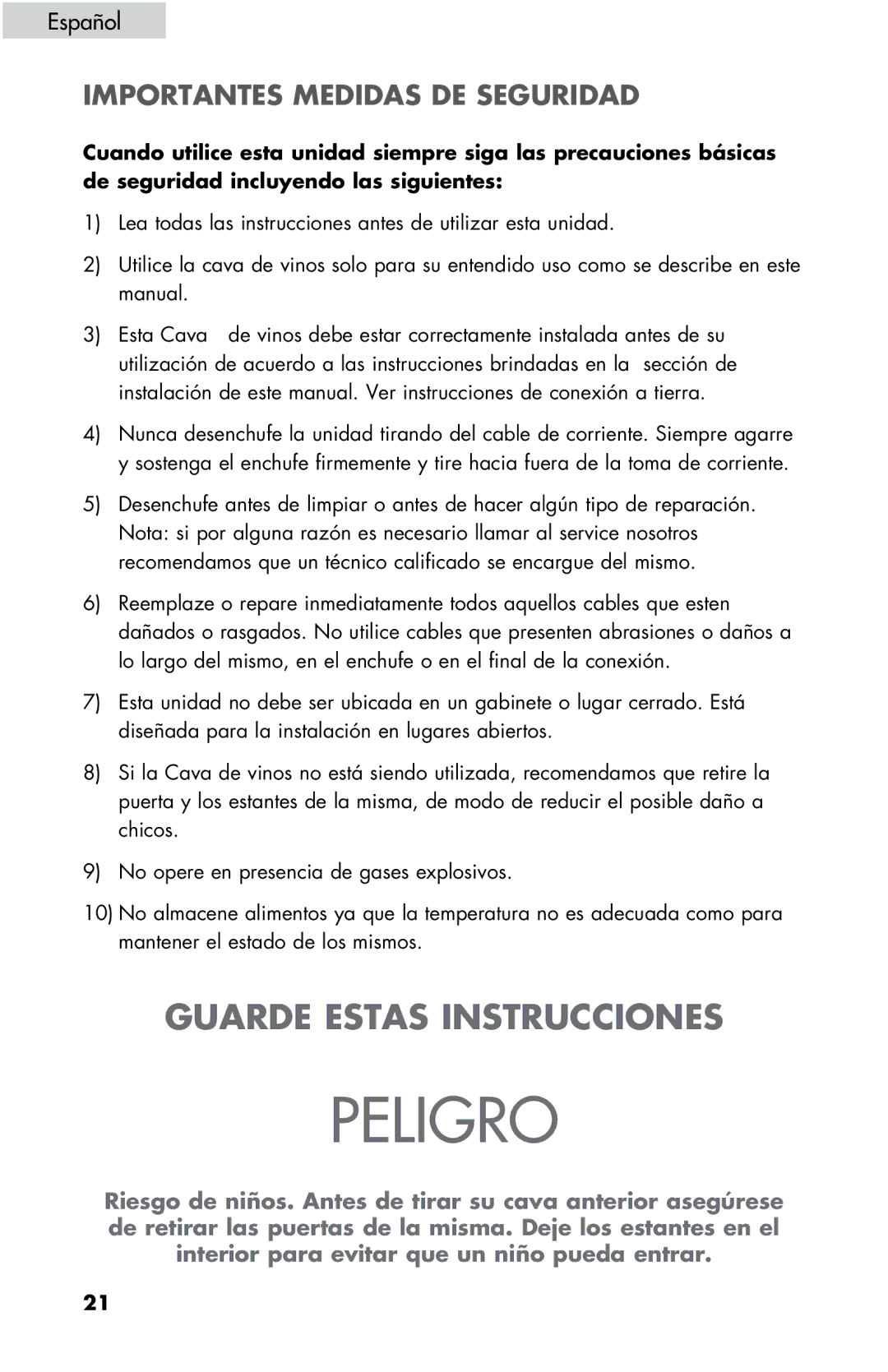 Haier ZHBCN05FVS user manual Peligro 