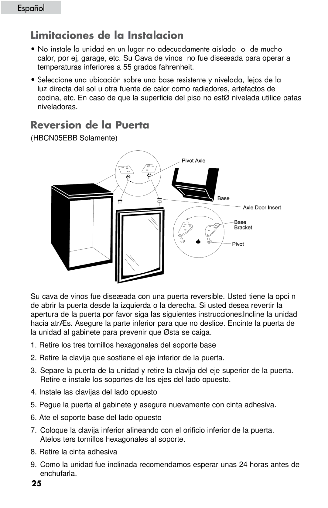 Haier ZHBCN05FVS user manual Limitaciones de la Instalacion, Reversion de la Puerta 