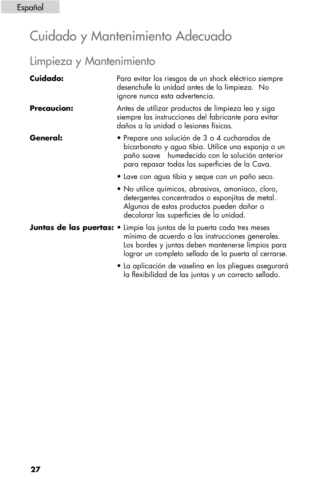 Haier ZHBCN05FVS user manual Cuidado y Mantenimiento Adecuado, Limpieza y Mantenimiento 