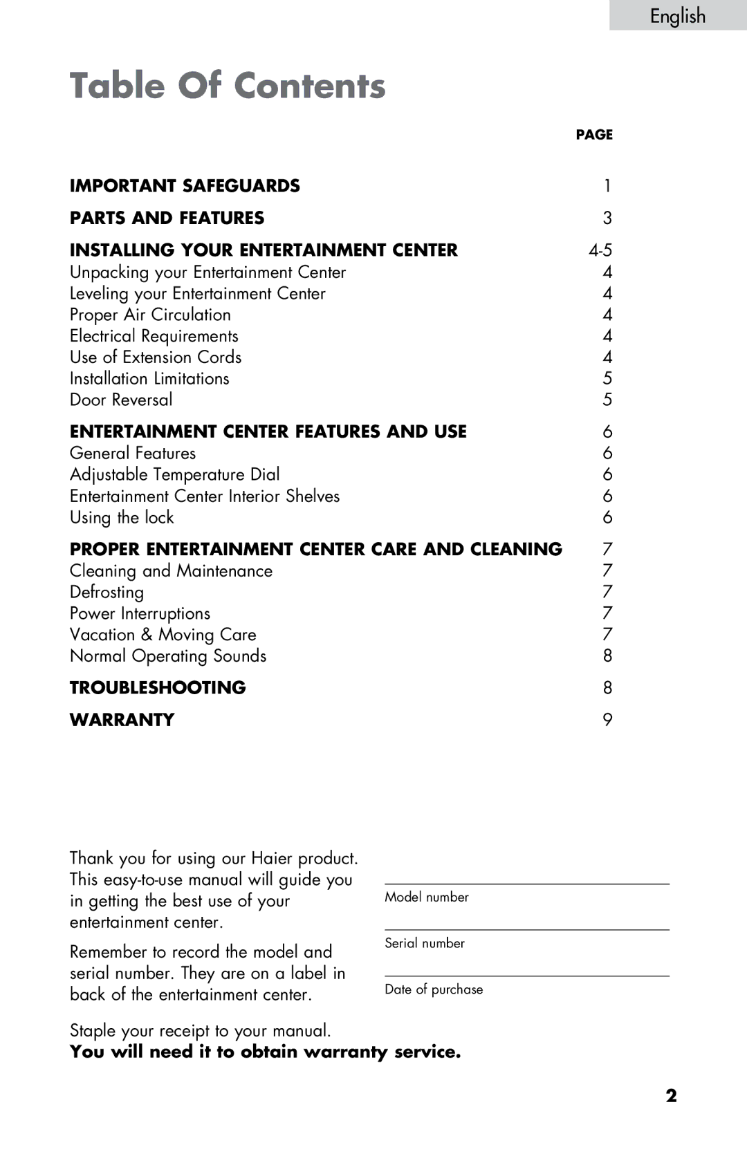 Haier ZHBCN05FVS user manual Table Of Contents 