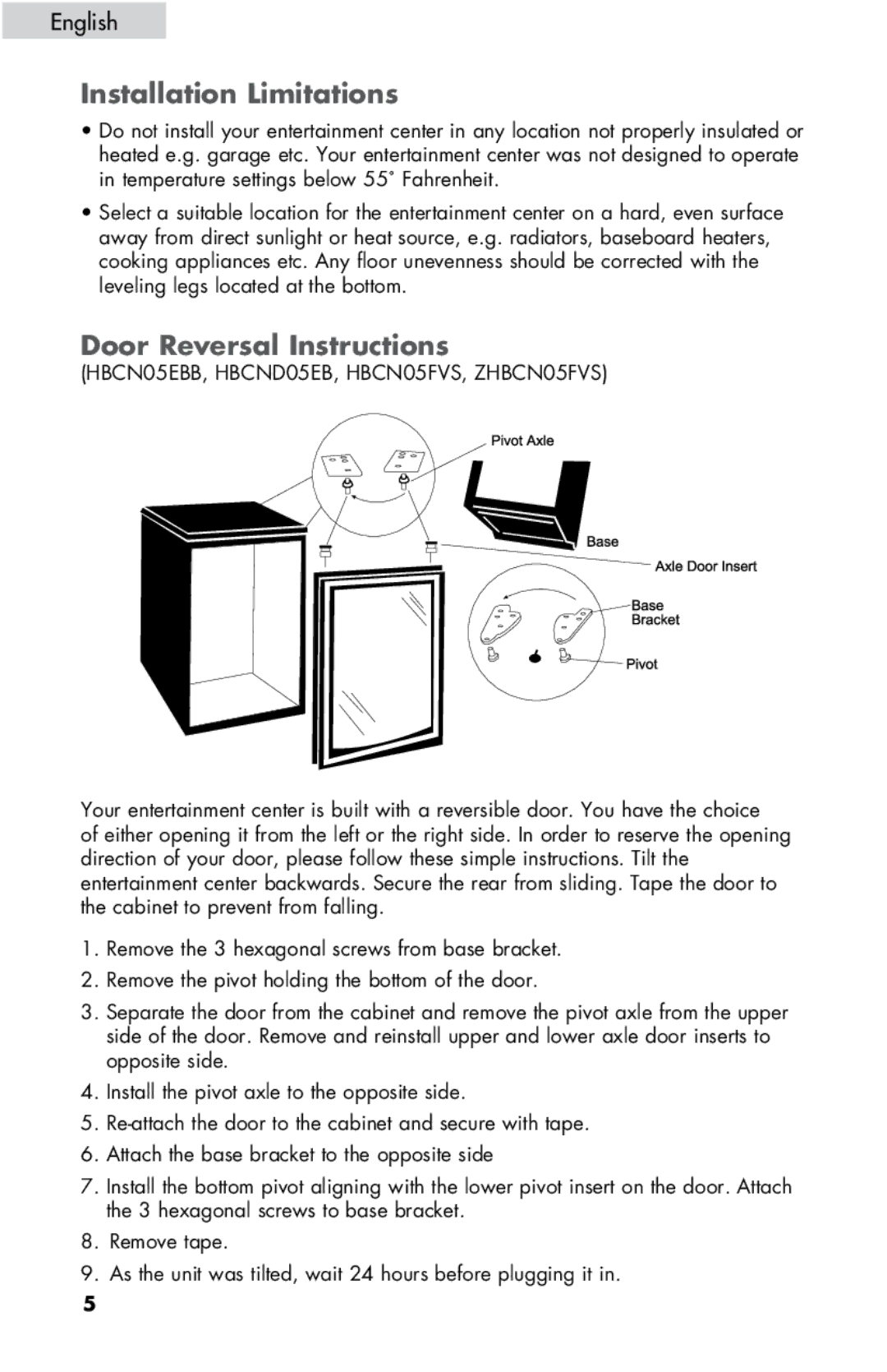 Haier ZHBCN05FVS user manual Installation Limitations, Door Reversal Instructions 