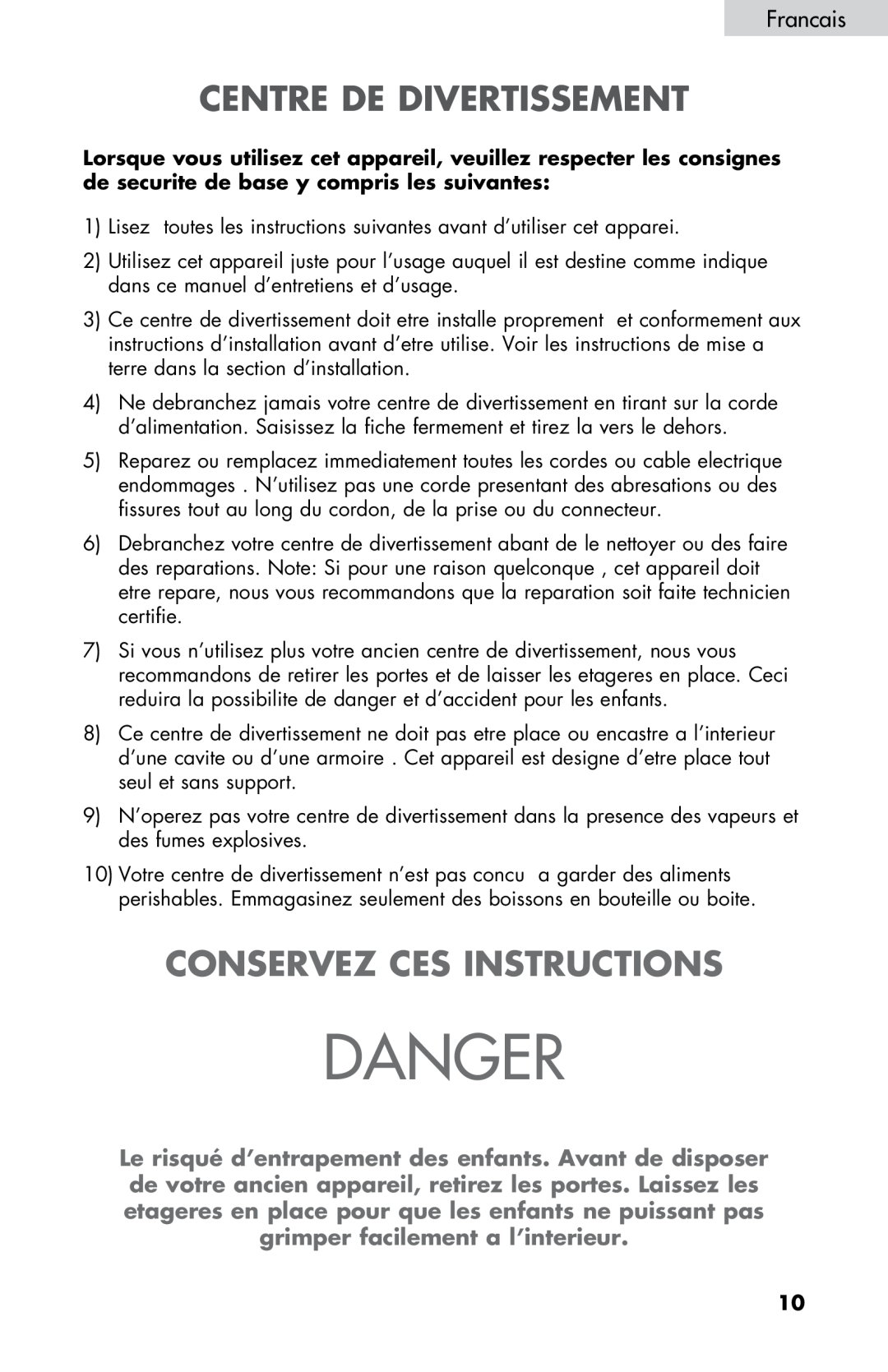 Haier ZHBCN05FVS user manual Centre De Divertissement, Conservez Ces Instructions, Francais, Danger 