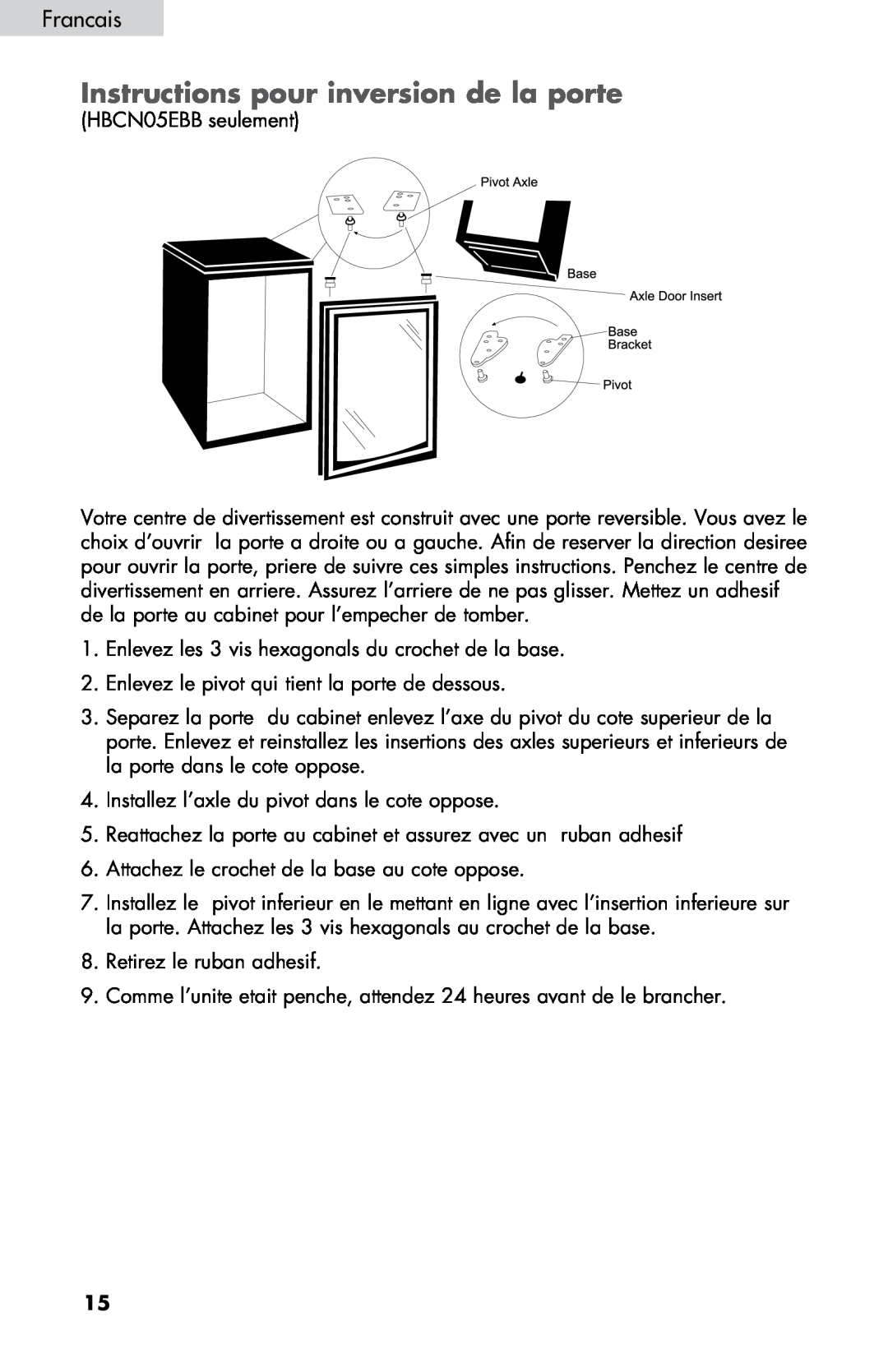 Haier ZHBCN05FVS user manual Instructions pour inversion de la porte, Francais 