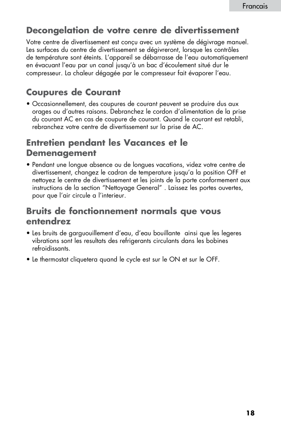 Haier ZHBCN05FVS user manual Decongelation de votre cenre de divertissement, Coupures de Courant, Francais 