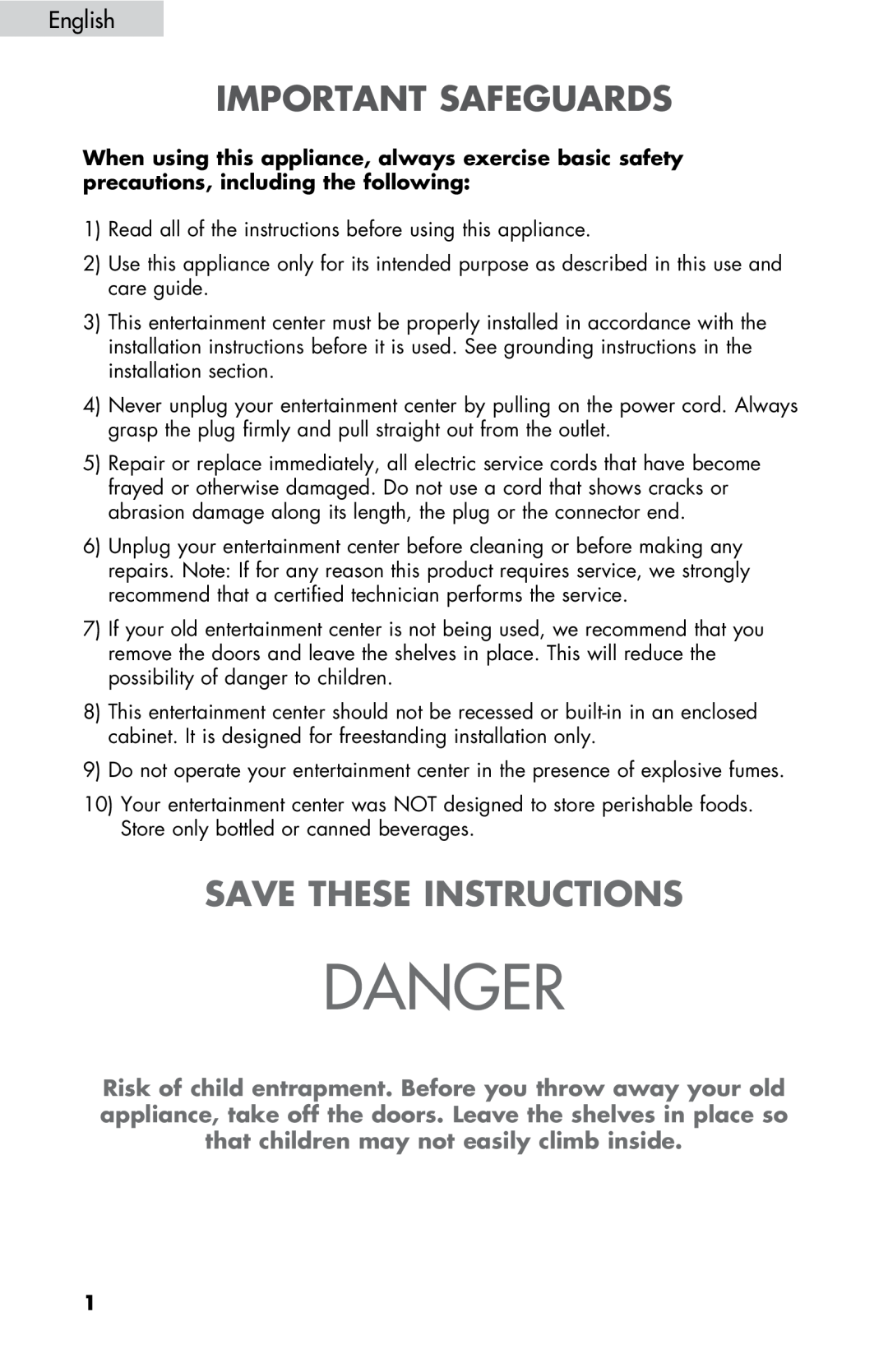 Haier ZHBCN05FVS user manual Danger, Important Safeguards, Save These Instructions, English 