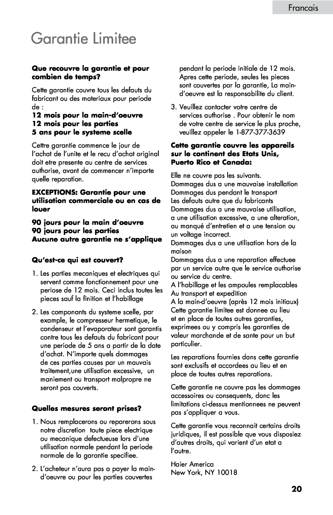 Haier ZHBCN05FVS user manual Garantie Limitee, Francais 