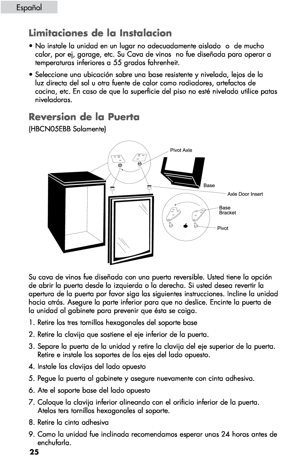 Haier ZHBCN05FVS user manual Limitaciones de la Instalacion, Reversion de la Puerta, Español 