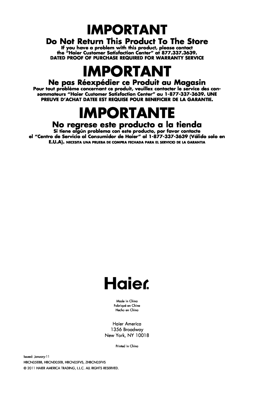 Haier user manual Issued January-11, HBCN05EBB, HBCND05EB, HBCN05FVS, ZHBCN05FVS 